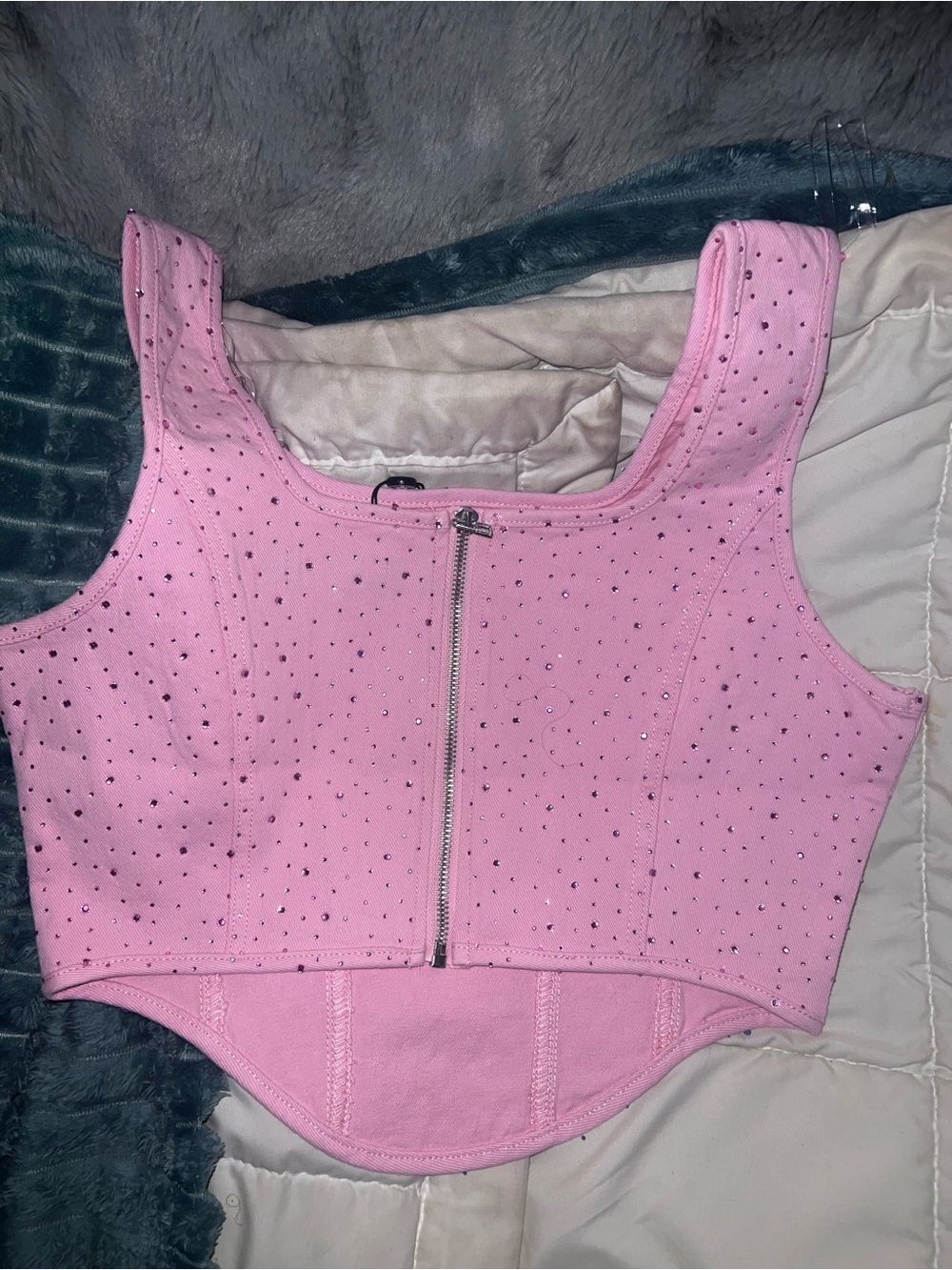 Pink Jean Rhinestone Bustier Crop Top zip back women’s Large - Picture 7 of 8
